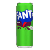A 330ml Fanta - Exotic bottle, tall and green, featuring the Fanta logo with purple fruit graphics and white text, shown against a plain white background.